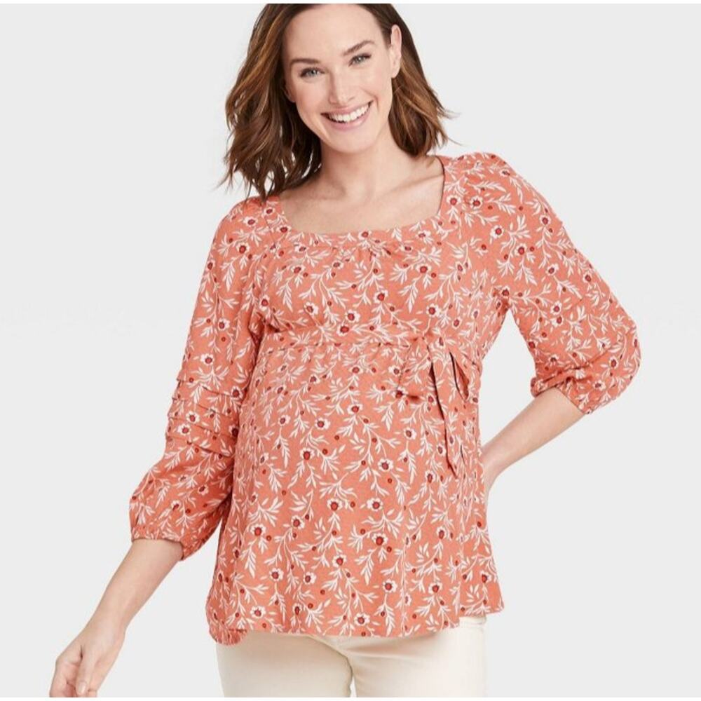 Isabel Maternity Top Womens Small Orange Floral Blouse Flowy Church Career Loose